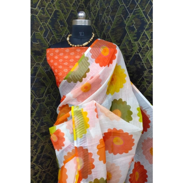 Generic Women's Cotton Linen Woven Design Saree With Unstitched Blouse 5.5Mtr (Orange) - Orange