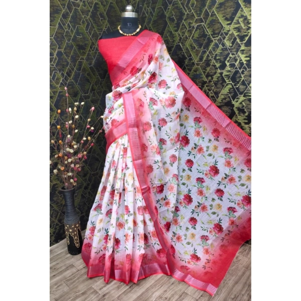 Generic Women's Cotton Linen Woven Design Saree With Unstitched Blouse 5.5Mtr (Red) - Red
