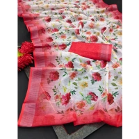 Generic Women's Cotton Linen Woven Design Saree With Unstitched Blouse 5.5Mtr (Red) - Red