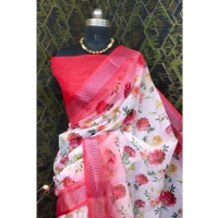 Generic Women's Cotton Linen Woven Design Saree With Unstitched Blouse 5.5Mtr (Red) - Red