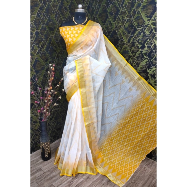 Generic Women's Cotton Linen Woven Design Saree With Unstitched Blouse 5.5Mtr (Yellow) - Yellow