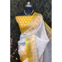 Generic Women's Cotton Linen Woven Design Saree With Unstitched Blouse 5.5Mtr (Yellow) - Yellow