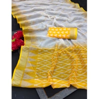 Generic Women's Cotton Linen Woven Design Saree With Unstitched Blouse 5.5Mtr (Yellow) - Yellow