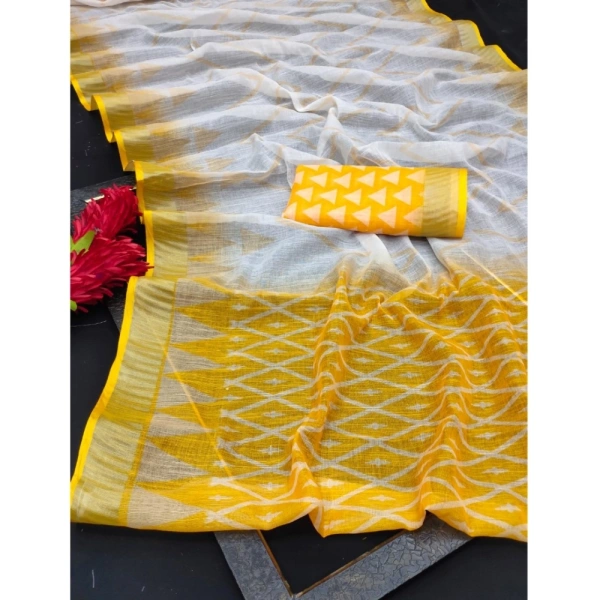 Generic Women's Cotton Linen Woven Design Saree With Unstitched Blouse 5.5Mtr (Yellow) - Yellow