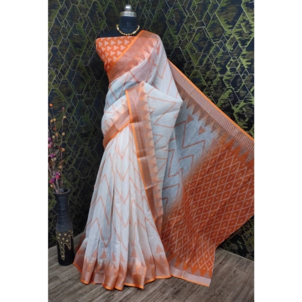 Generic Women's Cotton Linen Woven Design Saree With Unstitched Blouse 5.5Mtr (Orange) - Orange