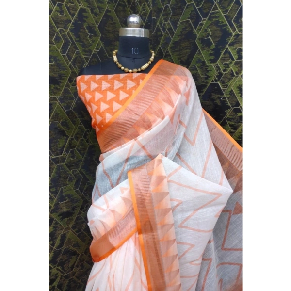 Generic Women's Cotton Linen Woven Design Saree With Unstitched Blouse 5.5Mtr (Orange) - Orange