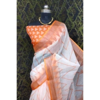Generic Women's Cotton Linen Woven Design Saree With Unstitched Blouse 5.5Mtr (Orange) - Orange