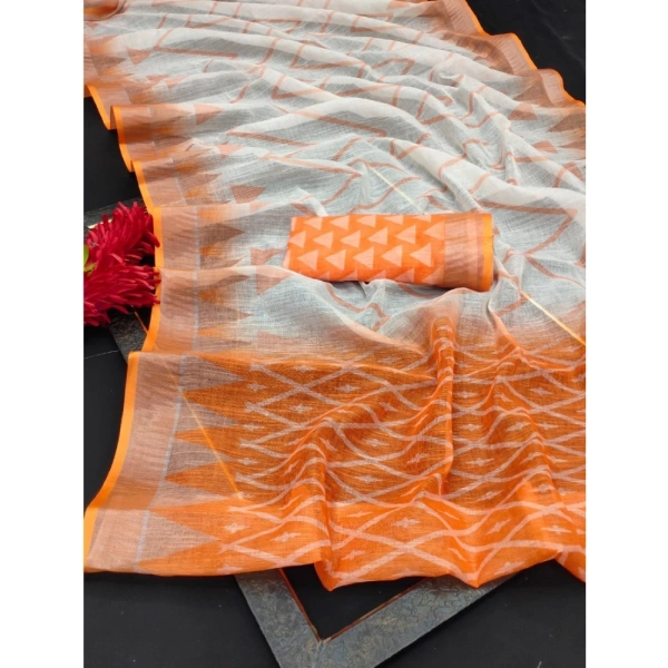 Generic Women's Cotton Linen Woven Design Saree With Unstitched Blouse 5.5Mtr (Orange) - Orange