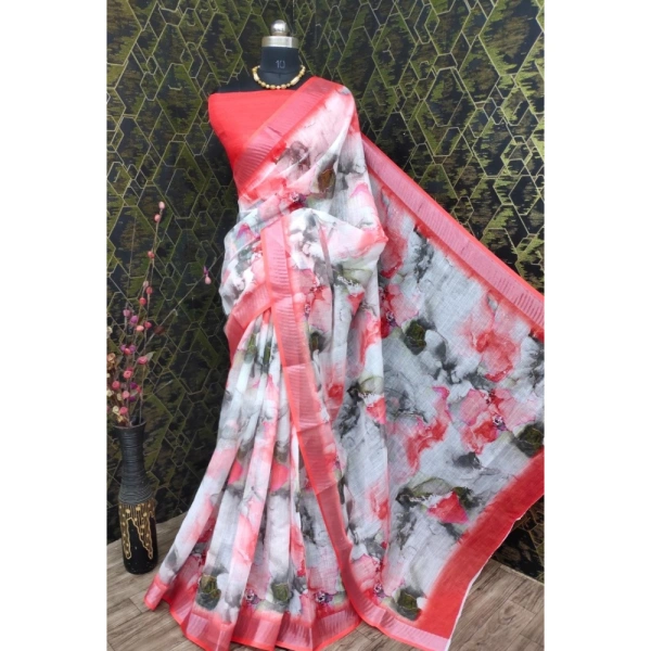 Generic Women's Cotton Linen Woven Design Saree With Unstitched Blouse 5.5Mtr (Red) - Red