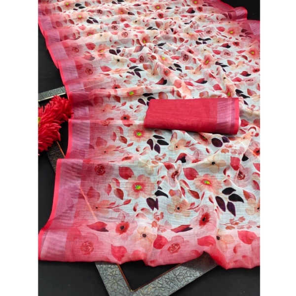 Generic Women's Cotton Linen Woven Design Saree With Unstitched Blouse 5.5Mtr (Red) - Red