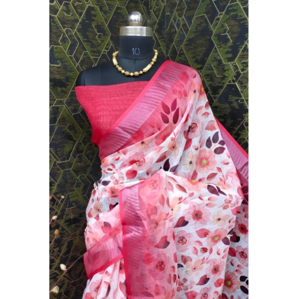 Generic Women's Cotton Linen Woven Design Saree With Unstitched Blouse 5.5Mtr (Red) - Red