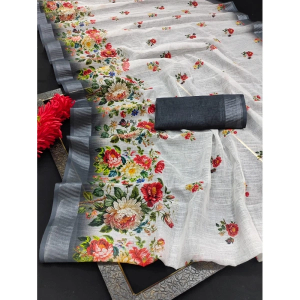 Generic Women's Cotton Linen Woven Design Saree With Unstitched Blouse 5.5Mtr (Black) - Black