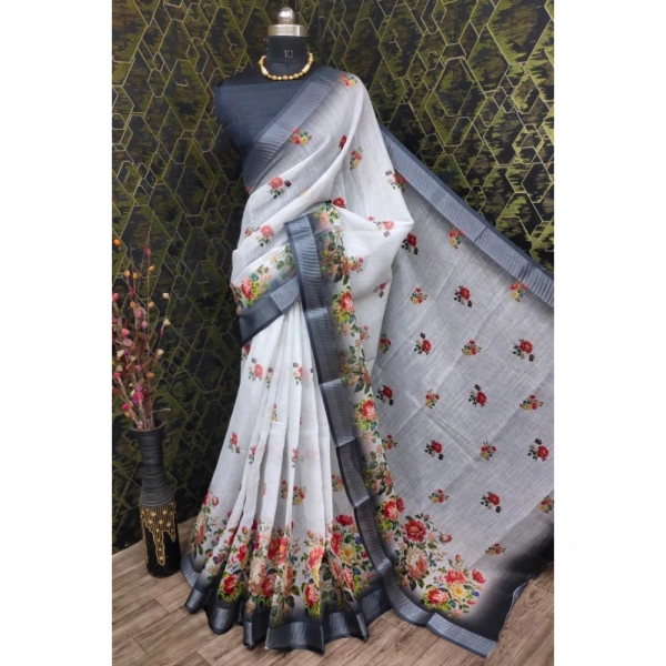 Generic Women's Cotton Linen Woven Design Saree With Unstitched Blouse 5.5Mtr (Black) - Black