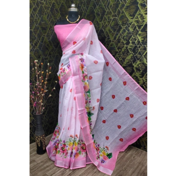 Generic Women's Cotton Linen Woven Design Saree With Unstitched Blouse 5.5Mtr (Pink) - Pink