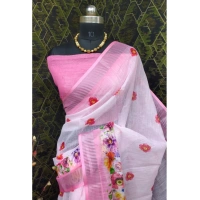 Generic Women's Cotton Linen Woven Design Saree With Unstitched Blouse 5.5Mtr (Pink) - Pink