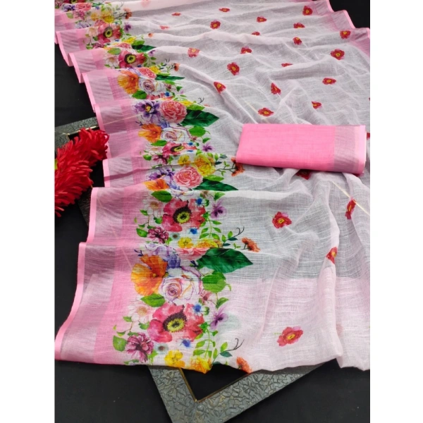 Generic Women's Cotton Linen Woven Design Saree With Unstitched Blouse 5.5Mtr (Pink) - Pink