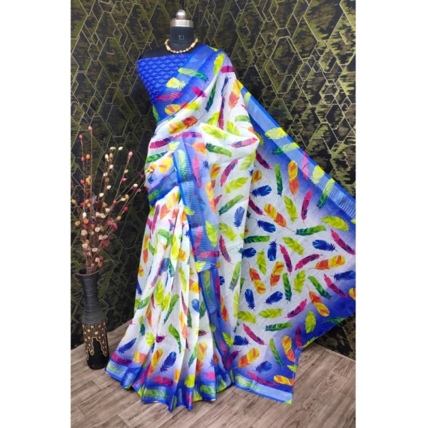 Generic Women's Cotton Linen Woven Design Saree With Unstitched Blouse 5.5Mtr (Blue) - Blue