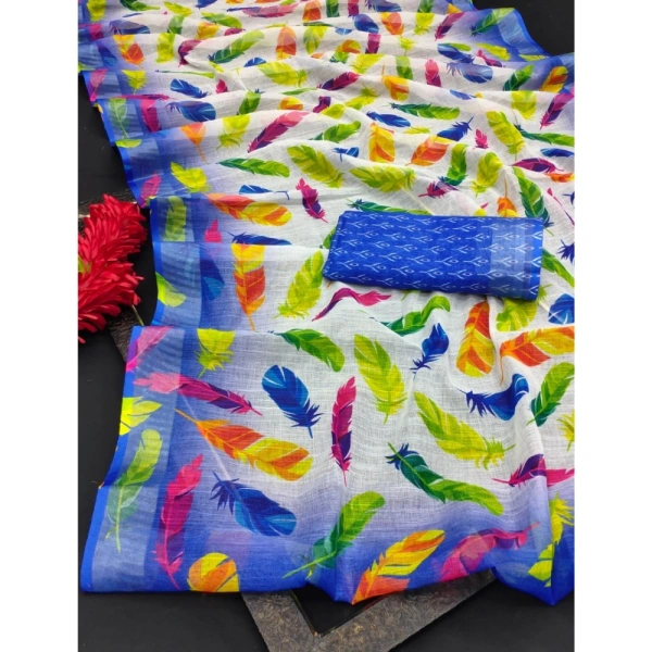 Generic Women's Cotton Linen Woven Design Saree With Unstitched Blouse 5.5Mtr (Blue) - Blue