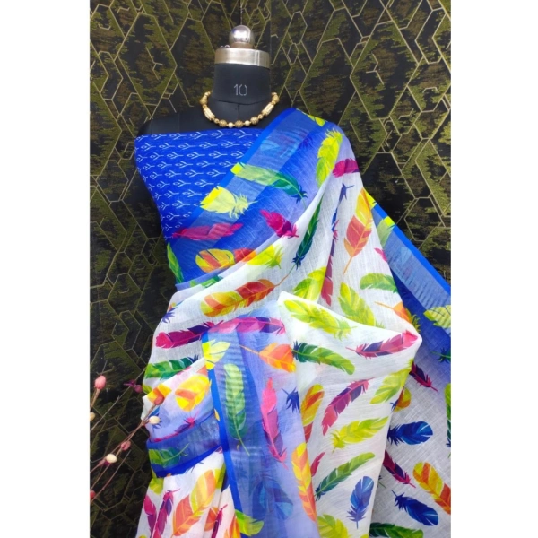 Generic Women's Cotton Linen Woven Design Saree With Unstitched Blouse 5.5Mtr (Blue) - Blue