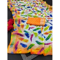 Generic Women's Cotton Linen Woven Design Saree With Unstitched Blouse 5.5Mtr (Orange) - Orange