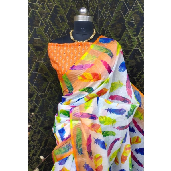 Generic Women's Cotton Linen Woven Design Saree With Unstitched Blouse 5.5Mtr (Orange) - Orange