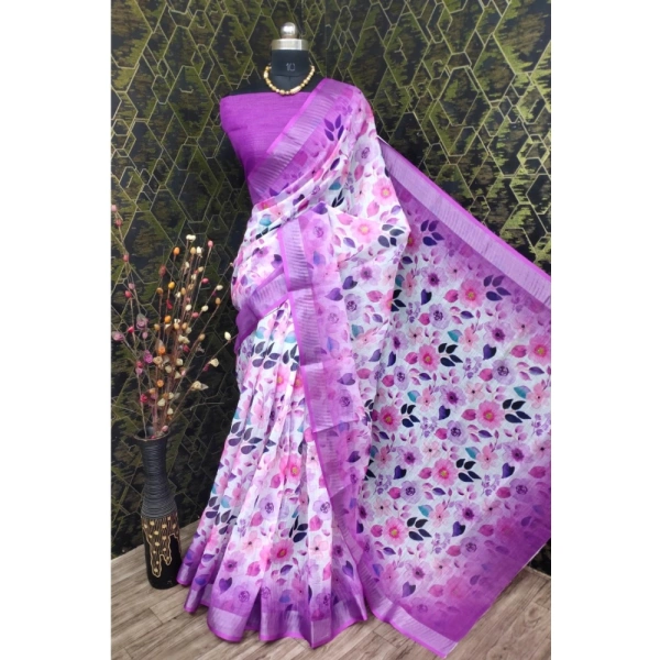 Generic Women's Cotton Linen Woven Design Saree With Unstitched Blouse 5.5Mtr (Purple) - Purple