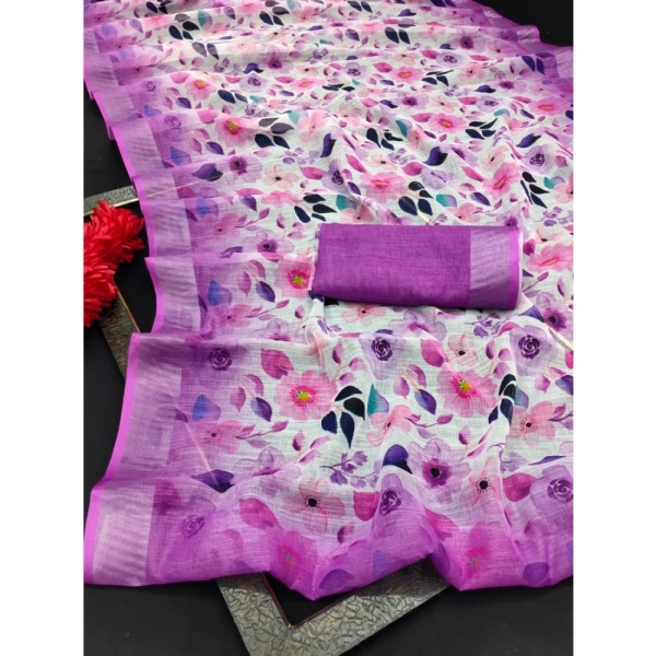 Generic Women's Cotton Linen Woven Design Saree With Unstitched Blouse 5.5Mtr (Purple) - Purple