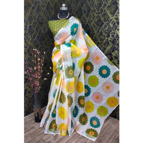Generic Women's Cotton Linen Woven Design Saree With Unstitched Blouse 5.5Mtr (Green) - Green