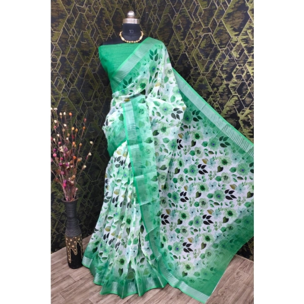 Generic Women's Cotton Linen Woven Design Saree With Unstitched Blouse 5.5Mtr (Green) - Green