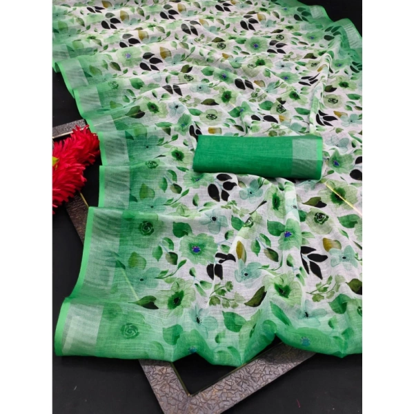 Generic Women's Cotton Linen Woven Design Saree With Unstitched Blouse 5.5Mtr (Green) - Green