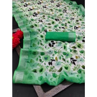 Generic Women's Cotton Linen Woven Design Saree With Unstitched Blouse 5.5Mtr (Green) - Green