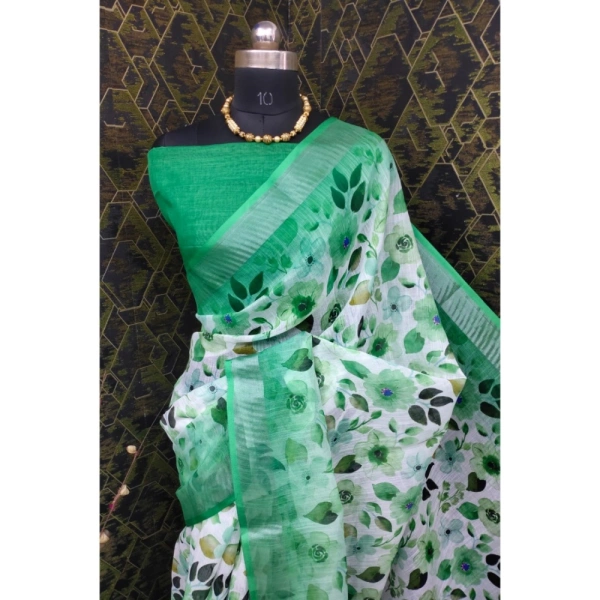 Generic Women's Cotton Linen Woven Design Saree With Unstitched Blouse 5.5Mtr (Green) - Green