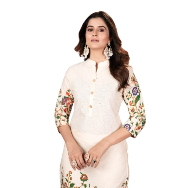 Generic Women's Cotton Printed 3/4th Sleeve Kurti With Pant (Cream ) - M