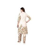 Generic Women's Cotton Printed 3/4th Sleeve Kurti With Pant (Cream ) - M