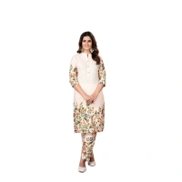 Generic Women's Cotton Printed 3/4th Sleeve Kurti With Pant (Cream ) - M