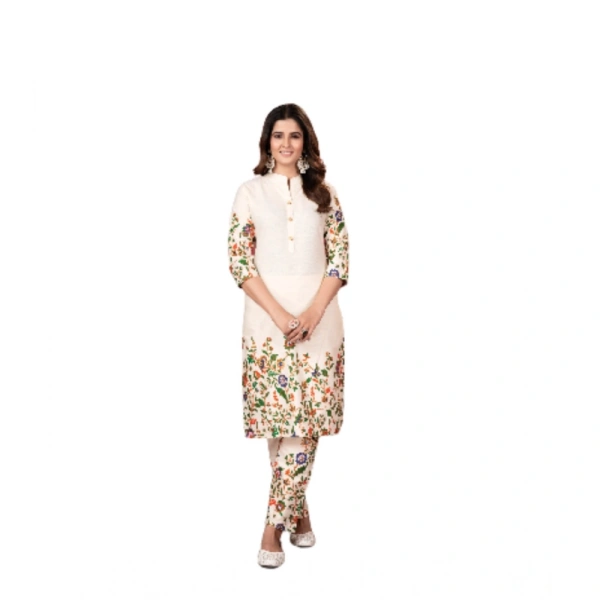 Generic Women's Cotton Printed 3/4th Sleeve Kurti With Pant (Cream ) - M