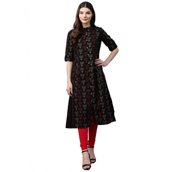 Generic Women's Cotton Printed A Line Kurti (BlackCotton) - Black, Roll Up Sleeves, 4XL