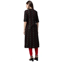 Generic Women's Cotton Printed A Line Kurti (BlackCotton) - Black, Roll Up Sleeves, 4XL