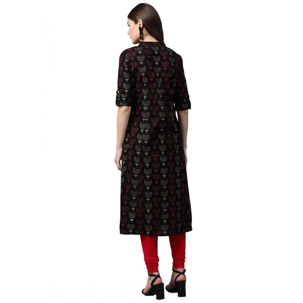 Generic Women's Cotton Printed A Line Kurti (BlackCotton) - Black, Roll Up Sleeves, 4XL