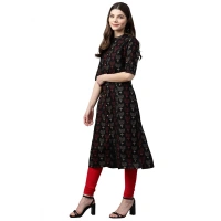 Generic Women's Cotton Printed A Line Kurti (BlackCotton) - Black, Roll Up Sleeves, 4XL