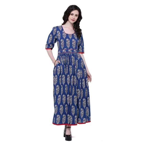 Generic Women's Cotton Printed Anarkali Kurti (BlueCotton) - Blue, 3/4th Sleeve, 3XL
