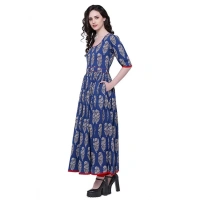 Generic Women's Cotton Printed Anarkali Kurti (BlueCotton) - Blue, 3/4th Sleeve, 3XL
