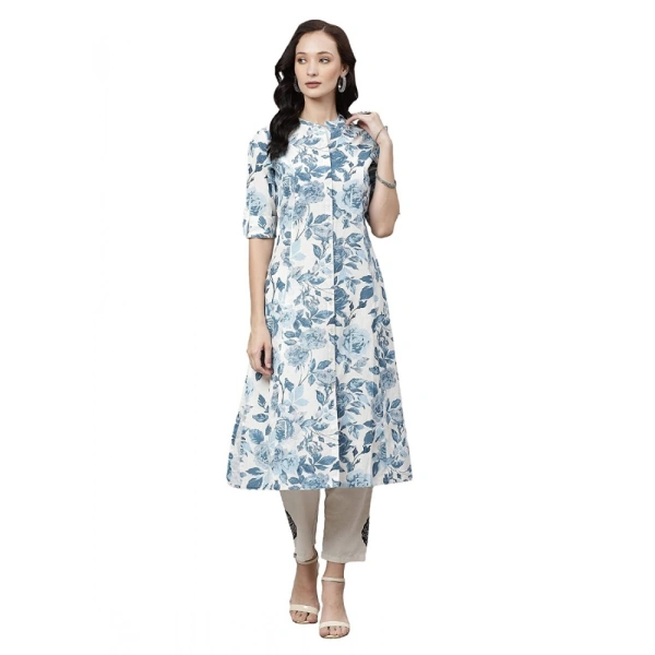 Generic Women's Cotton Printed Floral Print Kurti (WhiteBlueCotton) - White, Blue, Roll Up Sleeves, 6XL