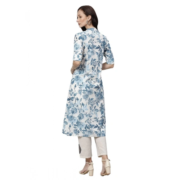 Generic Women's Cotton Printed Floral Print Kurti (WhiteBlueCotton) - White, Blue, Roll Up Sleeves, 6XL