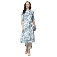 Generic Women's Cotton Printed Floral Print Kurti (WhiteBlueCotton) - White, Blue, Roll Up Sleeves, 6XL
