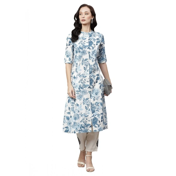 Generic Women's Cotton Printed Floral Print Kurti (WhiteBlueCotton) - White, Blue, Roll Up Sleeves, 6XL