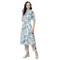 Generic Women's Cotton Printed Floral Print Kurti (WhiteBlueCotton) - White, Blue, Roll Up Sleeves, 6XL