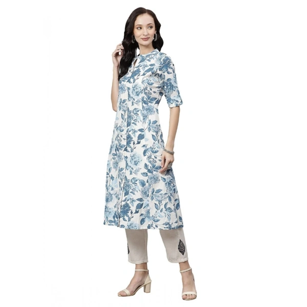Generic Women's Cotton Printed Floral Print Kurti (WhiteBlueCotton) - White, Blue, Roll Up Sleeves, 6XL