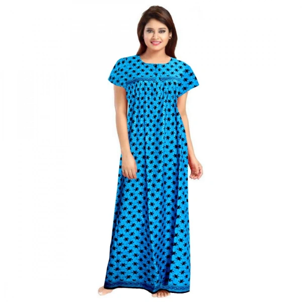 Shopnav Women's Cotton Printed Maxi Nighty (Aqua Blue) - L