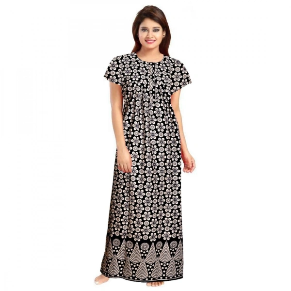 Shopnav Women's Cotton Printed Maxi Nighty (Black) - XL